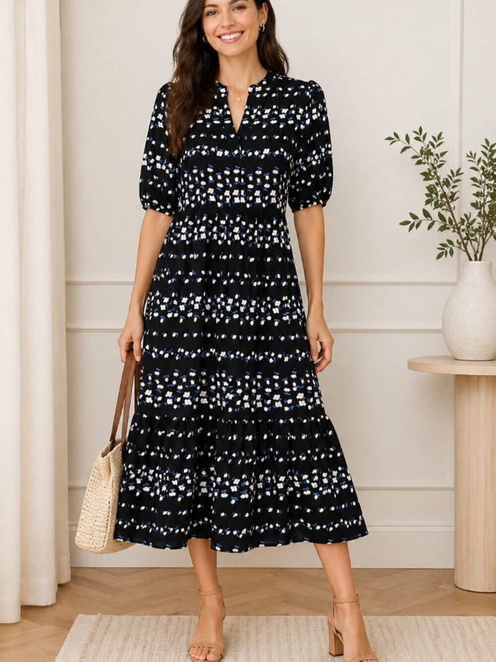 Ann Taylor Floral Tiered Midi Dress Black Blue White Size M